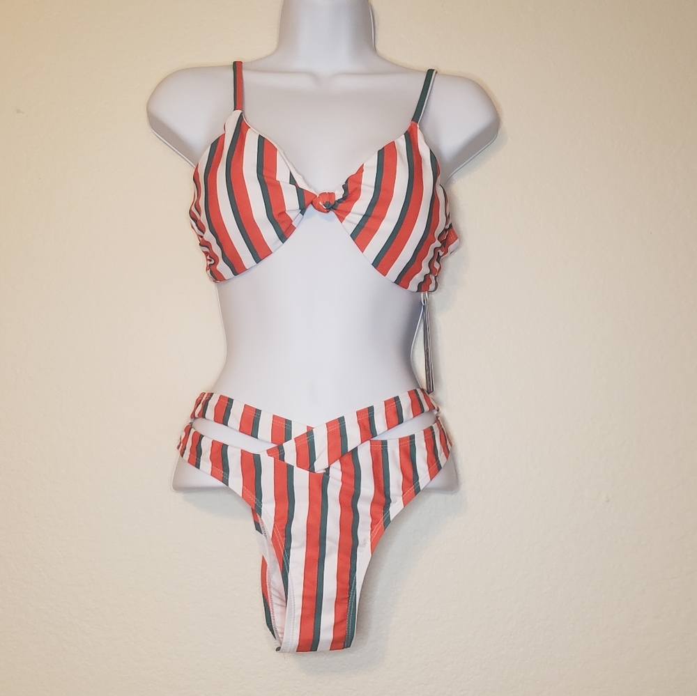 Jojo Lemon Women's Striped Front Knot Cut Out Bottom Two Piece Bikini Set Medium